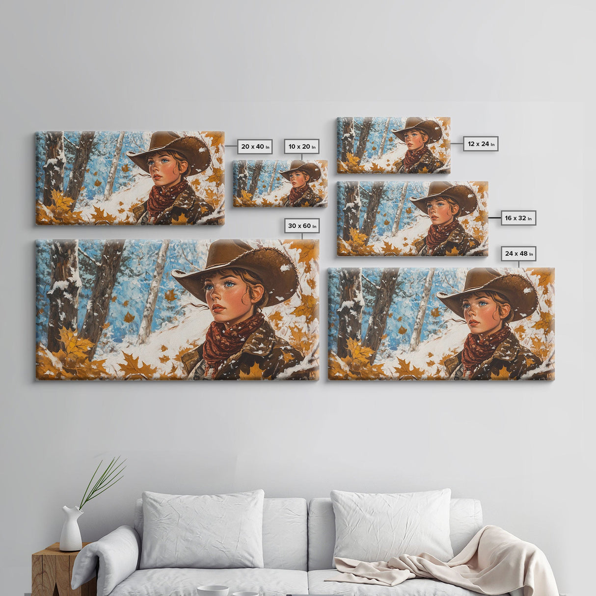 Western-inspired Framed Canvas Print of a woman on horseback in a snowy mountain landscape, holiday wall art and winter wonderland vibes
