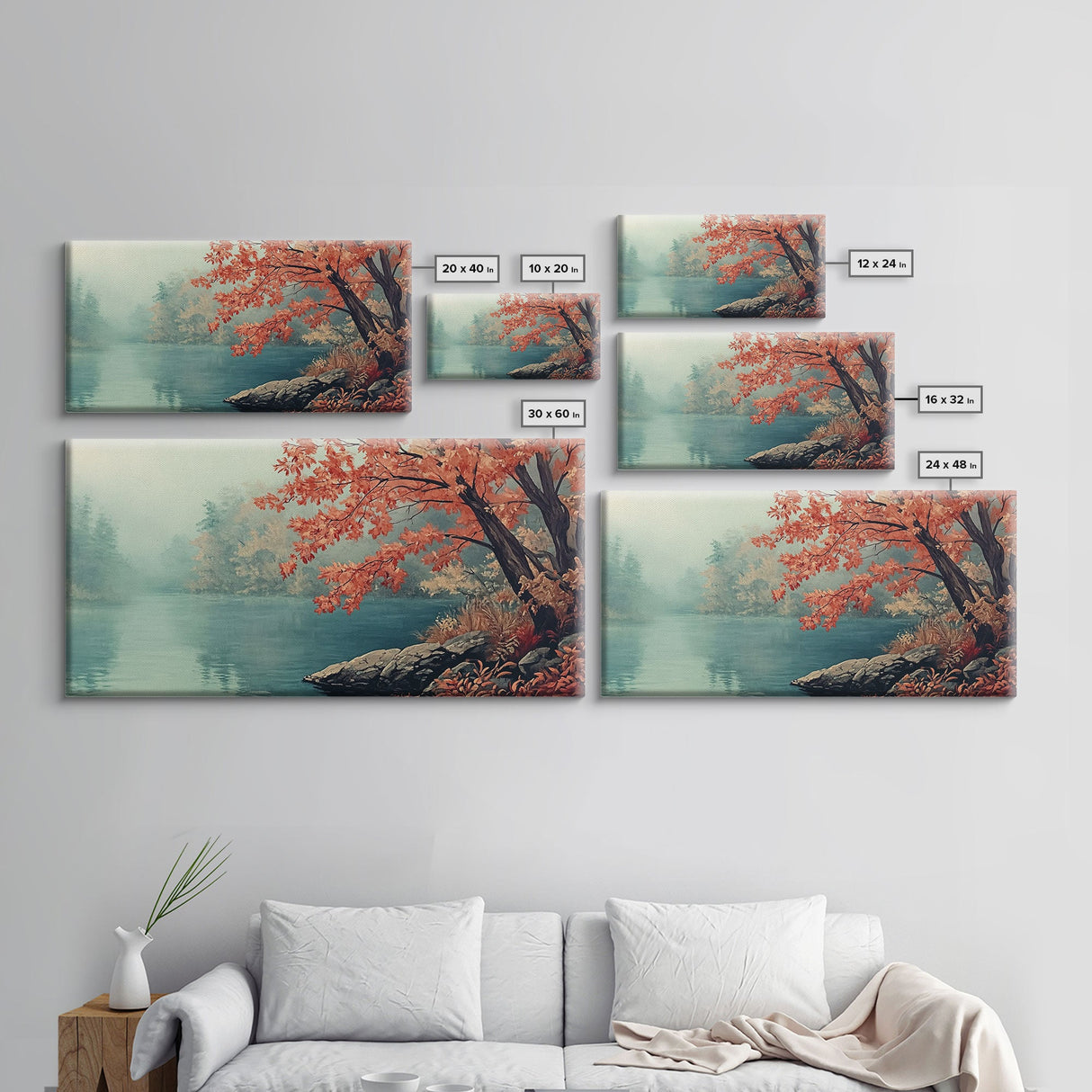 Fall On The Lake, Watercolor Landscape Painting Framed Canvas Print, retro holiday decor wall art with nostalgic vibe