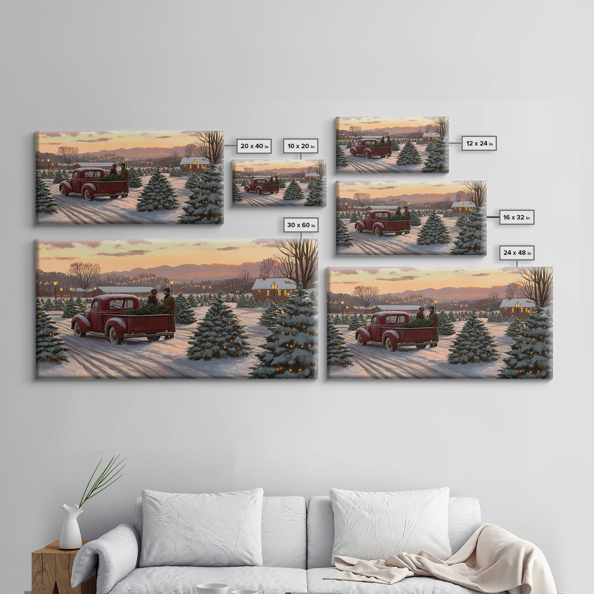 Christmas Tree Farm Framed Canvas Print, Red Truck Winter Scene, Farmhouse Christmas Decor, Christmas Vacation Decor, Holiday Art Gift