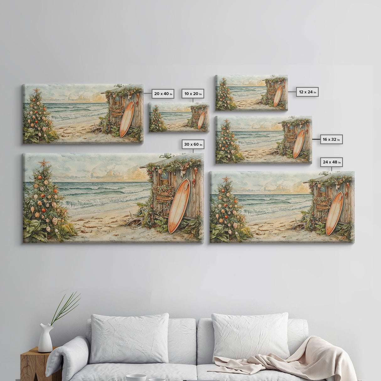 Christmas Tree Beside Rustic Beach House Coastal Holiday Scene Framed Canvas Print, Beach Christmas Wall Art And Decor