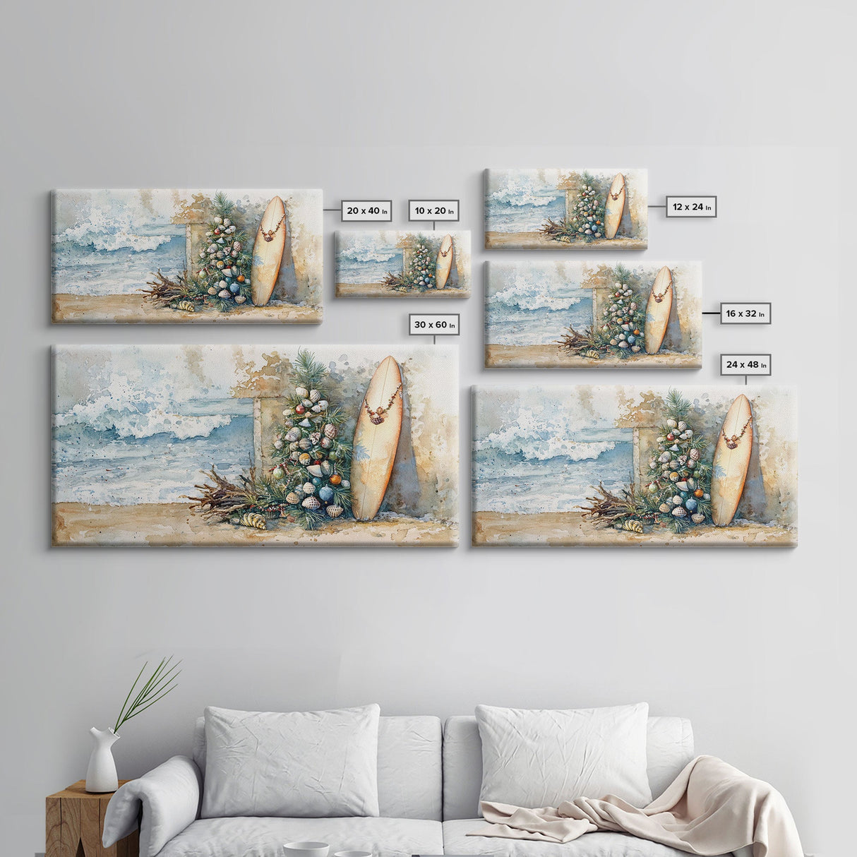 Coastal Christmas Scene Surfboards Christmas Tree Framed Canvas Print, Beach Holiday Decor Wall Art With Surfing Theme