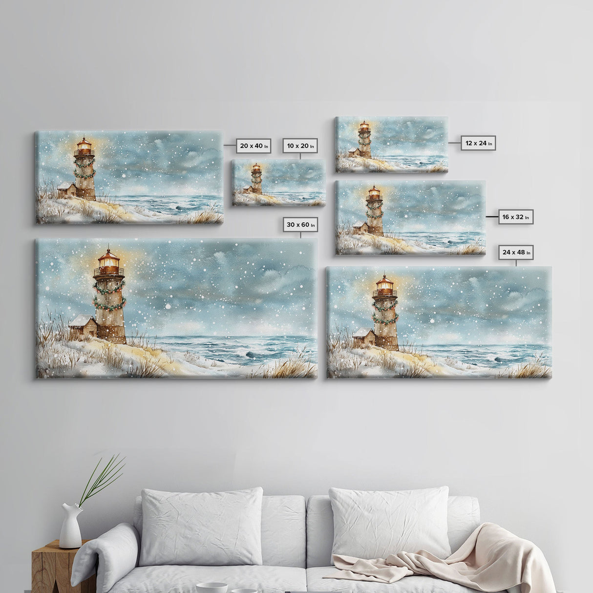 Coastal Christmas Lighthouse Decor Framed Canvas Print, Snowy Beach Scene with Holiday Wreath and Lighthouse Winter Wall Art