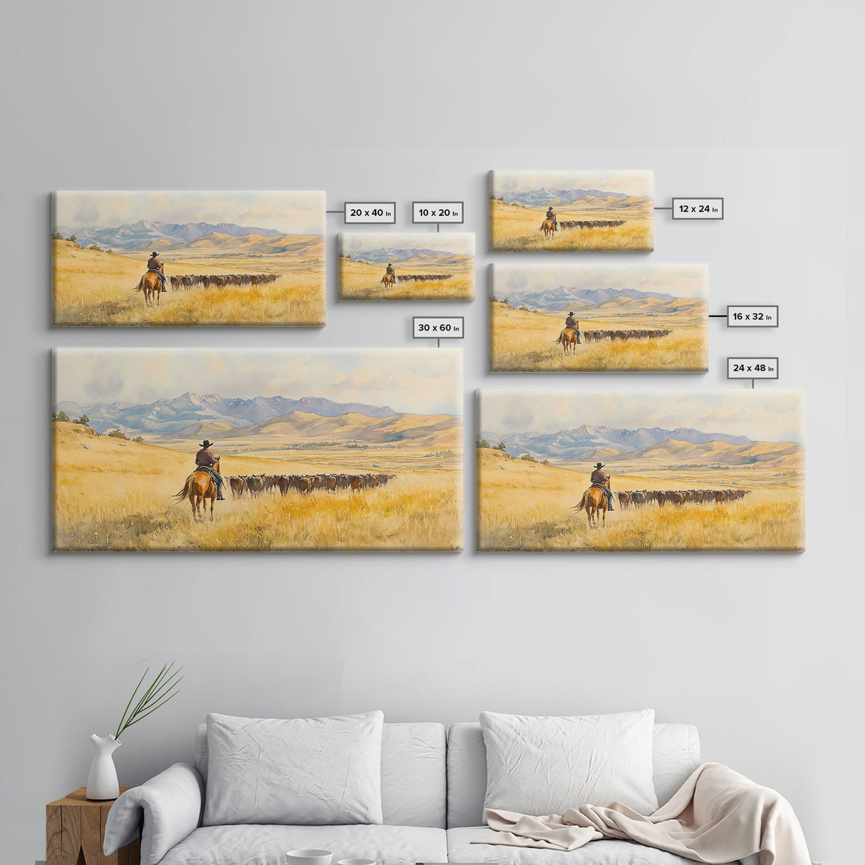 Cowboy On Snowy Path Framed Canvas Print Tall Art Winter Wonderland Western Christmas Decor Rustic Winter Wall Art Gift Cowboy Holiday Gift