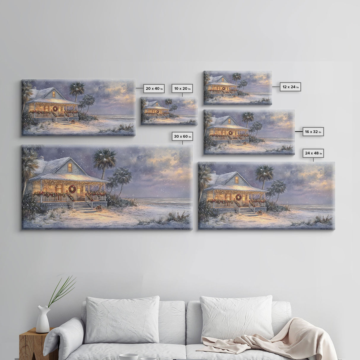 Christmas beach decor scene in tropical house with wreath and lights, Framed Canvas Print palm trees snow, winter art and holiday home decor