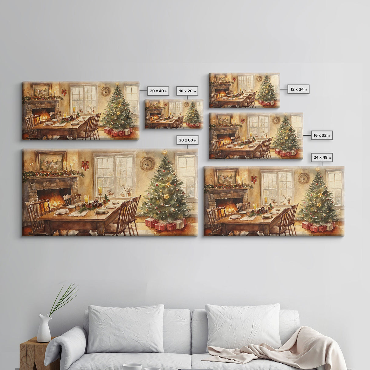 Rustic Christmas dining room scene with a Christmas tree, Framed Canvas Print with a festive table warm fireplace, farmhouse holiday decor