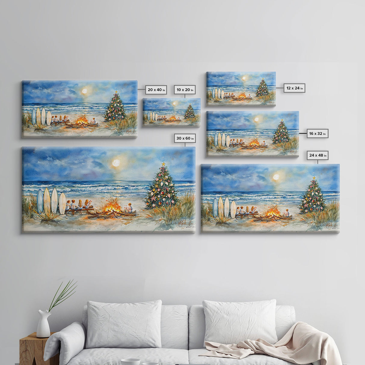 Christmas bonfire on the beach with surfboards and decorated tree, framed canvas print ideal tropical holiday wall art decor