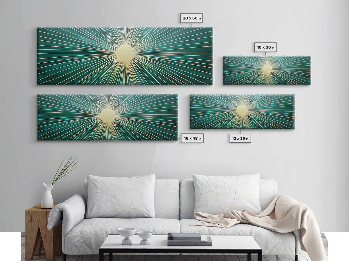 Boho Sunburst Canvas Print, Retro Vibes, Eclectic Wall Art, Large and Wide Horizontal Panoramic Framed Canvas, Minimalist Above Bed Decor