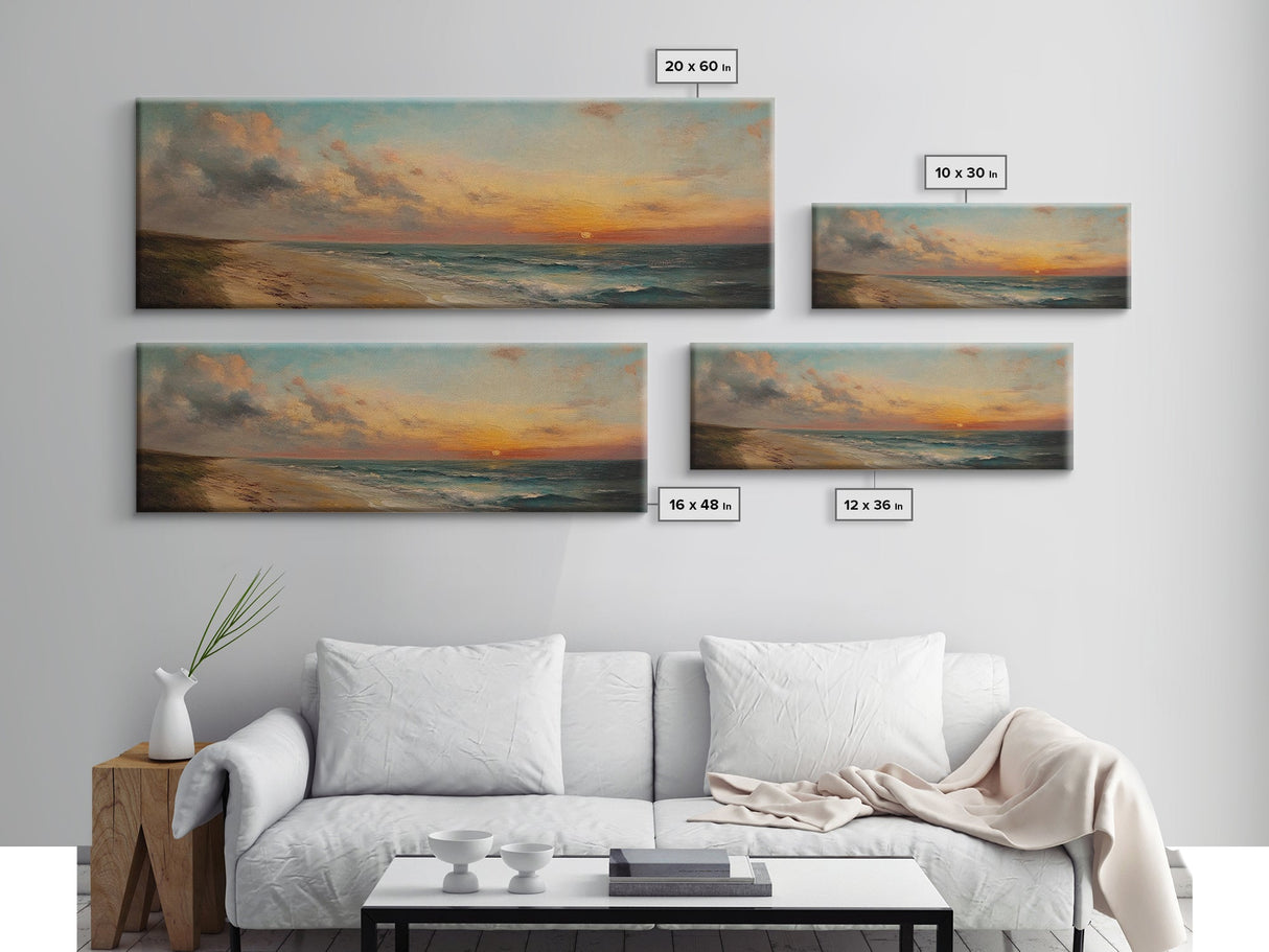 Muted Beach Framed Oil Painting Canvas Print, Minimalist Coastal Decor, Seascape Painting, Long / Horizontal Beach Wall Art, Panoramic Art