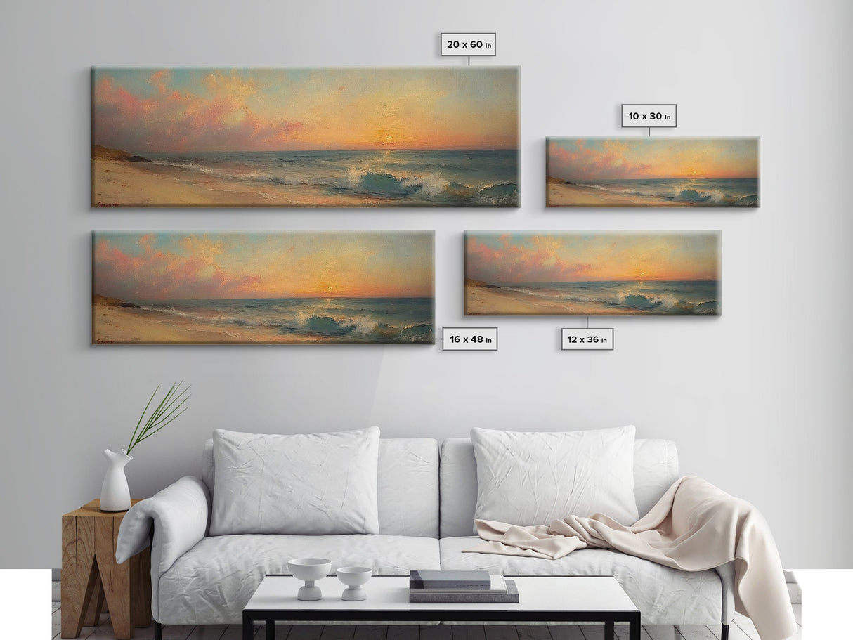 Ocean Waves Crash Into a Hidden Beach at Sunset, Framed Canvas Print, Panoramic Boho Seascape Painting