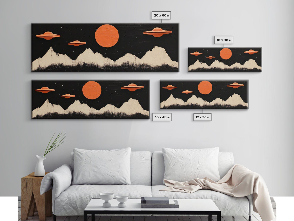 Cute Nursery Decor - Boy's Room Wall Art - Panoramic Flying Saucers or UFOs Art Print - Framed Canvas