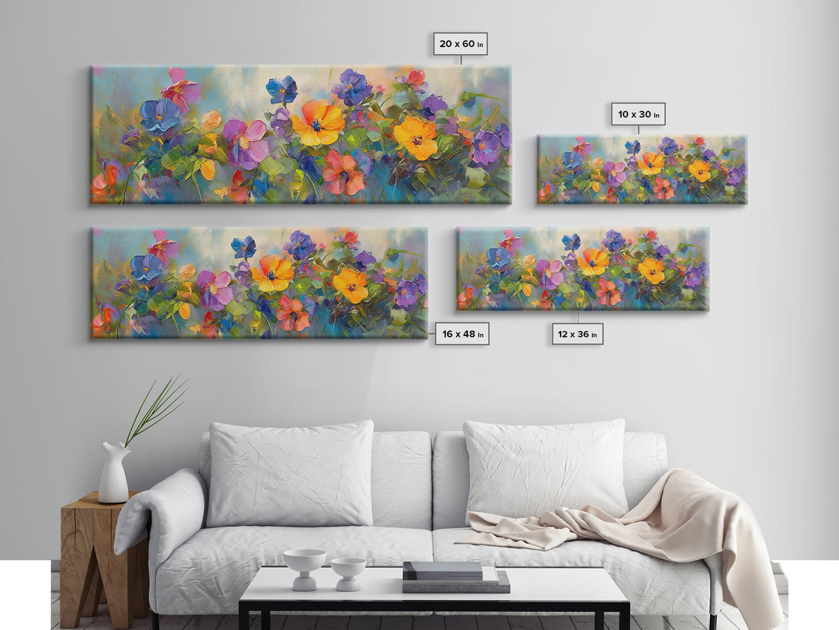 Wildflowers Field Framed Canvas Print Oil Painting, Long Horizontal Art, Vintage Spring Meadow Landscape, Panoramic Landscape Print