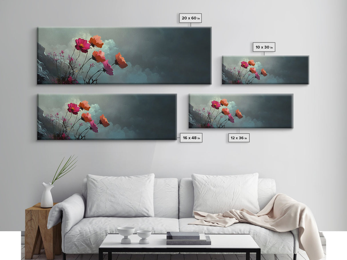 Beautiful Wild Flowers In The Clouds, Mountain Painting Canvas Print, Moody Decor, Muted and Subdued Wall Art, Centerpiece Art