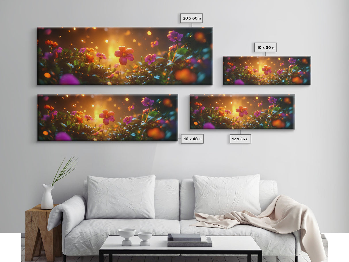 Beautiful 3D Rendered Flower Canvas Print, Wild Flowers In The Morning Dew at Sunset, Panoramic Extra Wide Wall Art