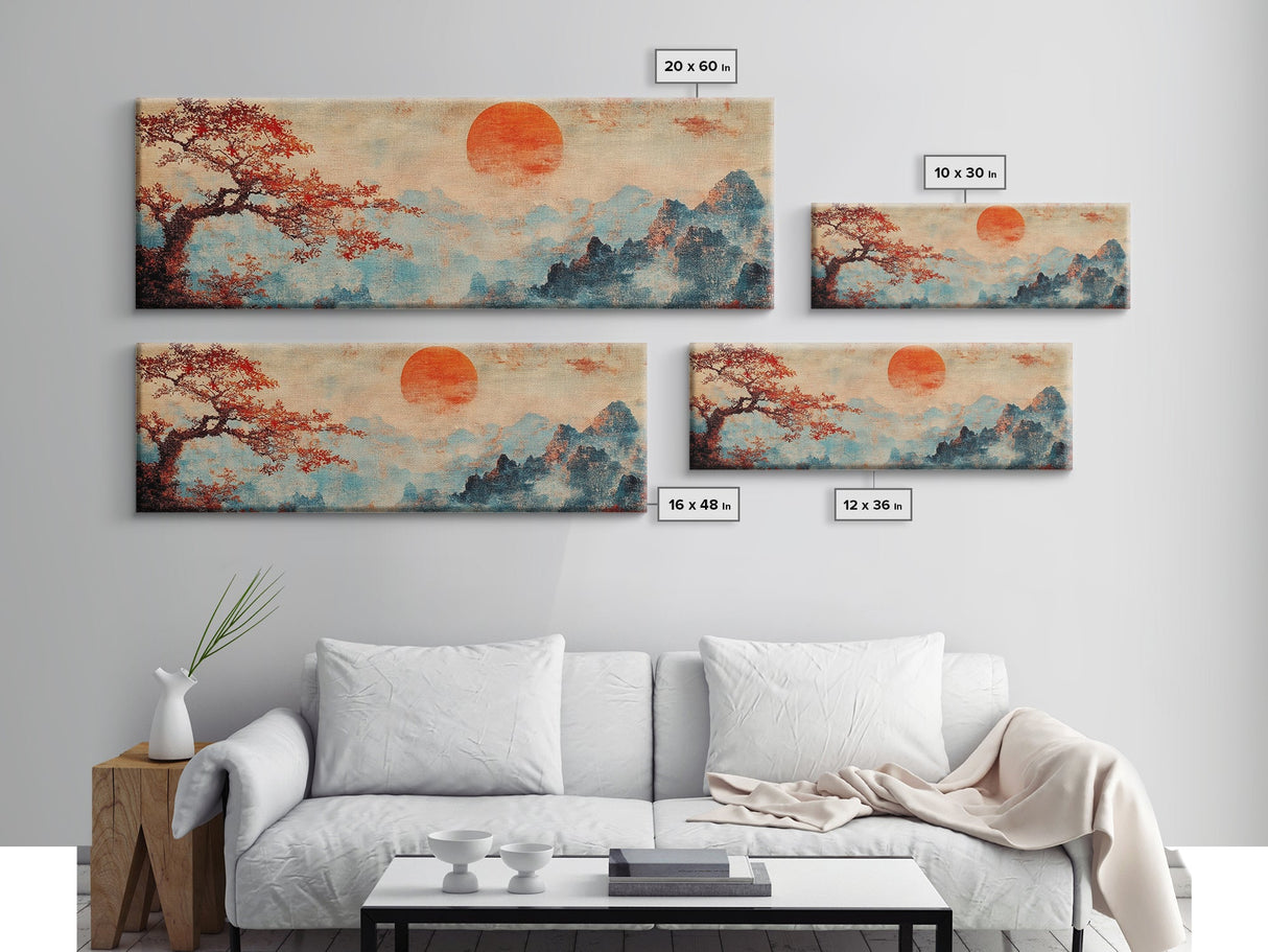 Japanese Maple Tree at Sunset, Vintage Japanese Inspired Woodblock Print Canvas Art, Retro Japanese Art