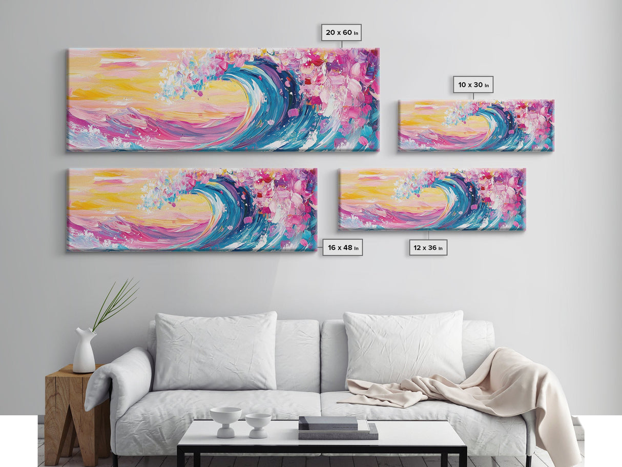 Rainbow Waves, Pink and Turquoise Ocean Waves Framed Canvas Print, Eclectic Kitsch Decor, Retro Farmhouse Wall Art
