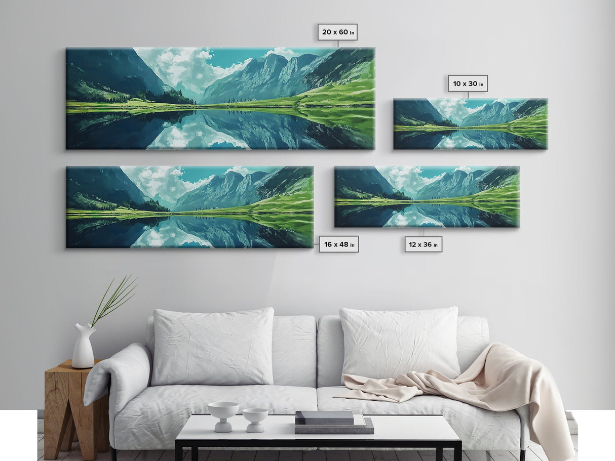Reflections On The Lake - Framed Canvas Print - Panoramic Original Landscape Painting - Lake Painting - Mountain Painting - Minimalist Muted Art