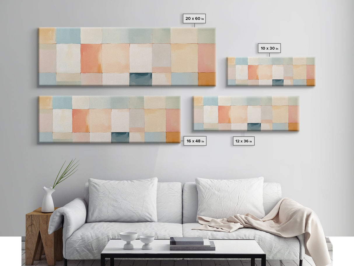 MCM Style Abstract Square, Framed Canvas Print, Mid-Century Modern Wall Art, Pastel Colors, Large Horizontal Wall Art Print