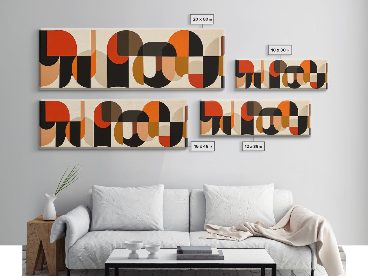 Mid-century Modern Wall Art, Framed Panoramic Art, Earth Tones, Subdued Artwork, Geometric Patterns, Above Couch or Sofa Art