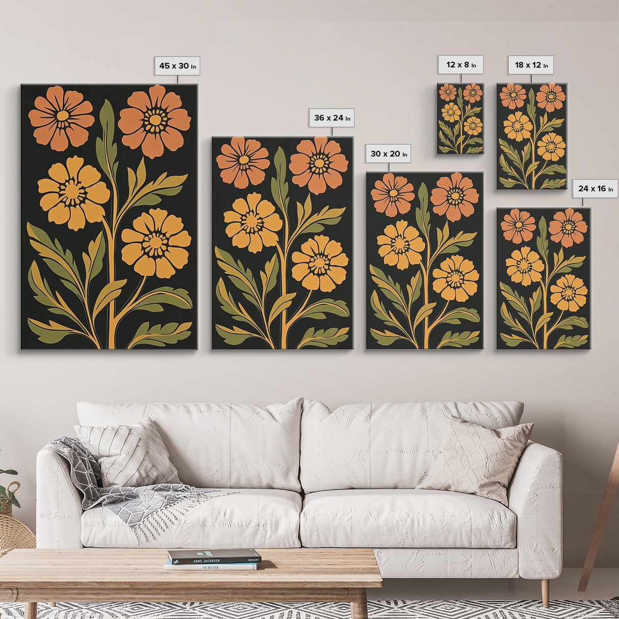 Abstract Geometric Flowers, Minimalist Botanical Floral Canvas Wall Art Print, Mid Century Modern Boho Decor, Neutral Subdued Flower Art