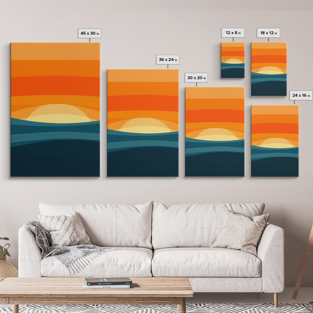 Art Deco Sunset Framed Canvas Print, MCM Style Wall Art Living Room Decor, Abstract Modern Art