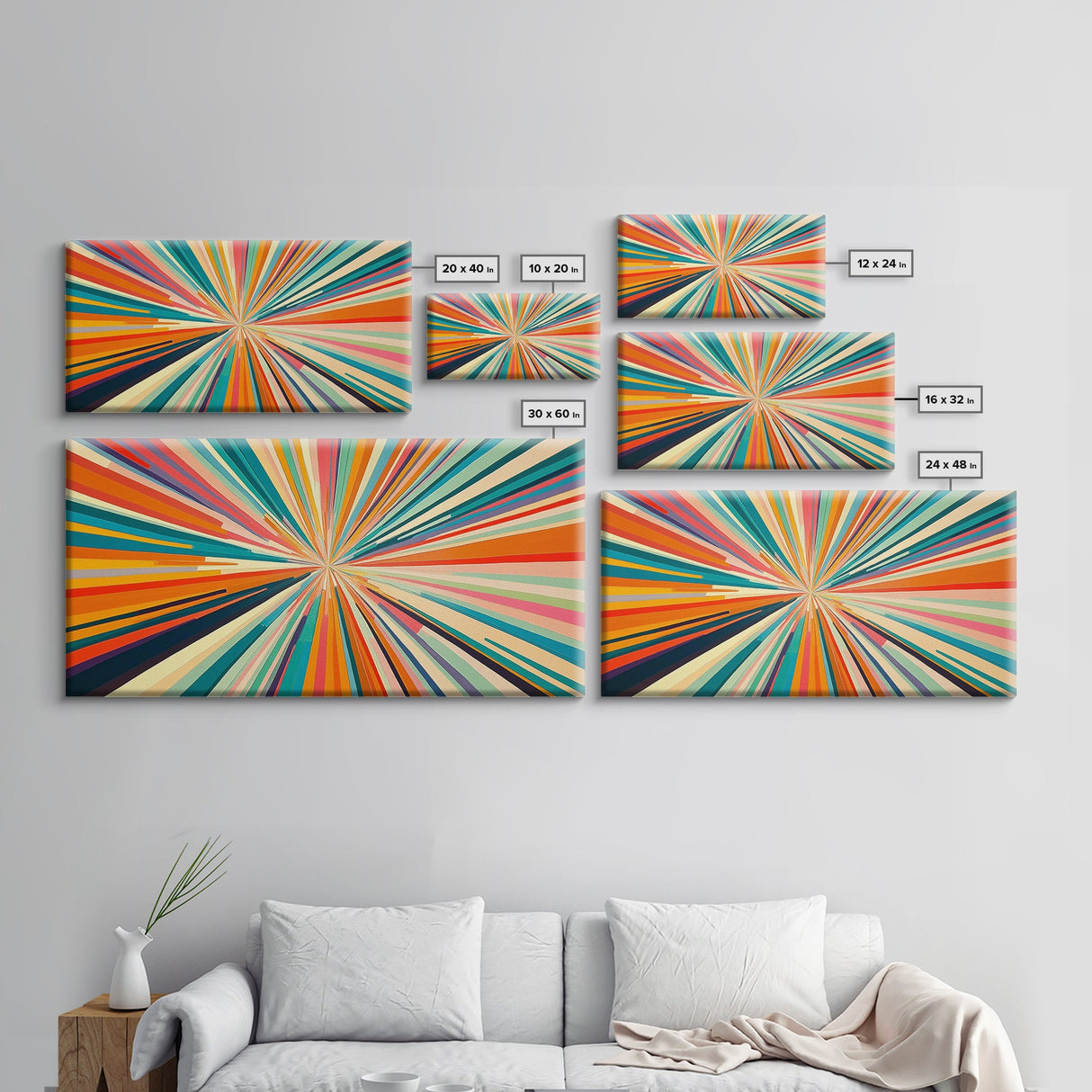 Sunburst Canvas Wall Art Canvas Print | Horizontal Pastel Color Sunset Print | Panoramic Abstract MCM Style Wall Art | Large Wide Print