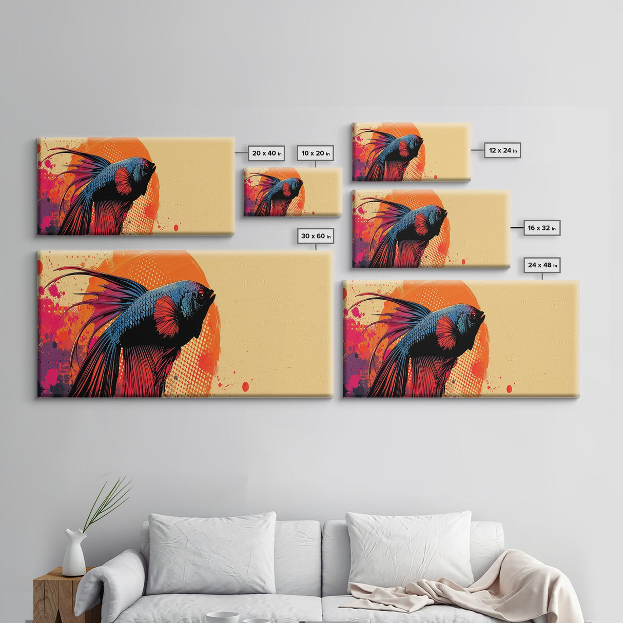 Retro 80s Style Painting of a Betta Fish, Framed Canvas Print, Home Decor Gift Artwork, Fish Painting, Fish Art