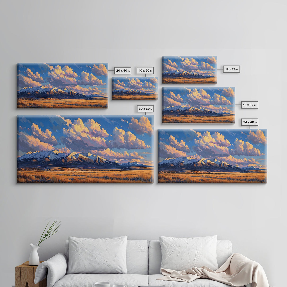 Sunset Over The Mountains Framed Canvas Print, Panoramic Art, Large Format Horizontal Panoramic Wall Art