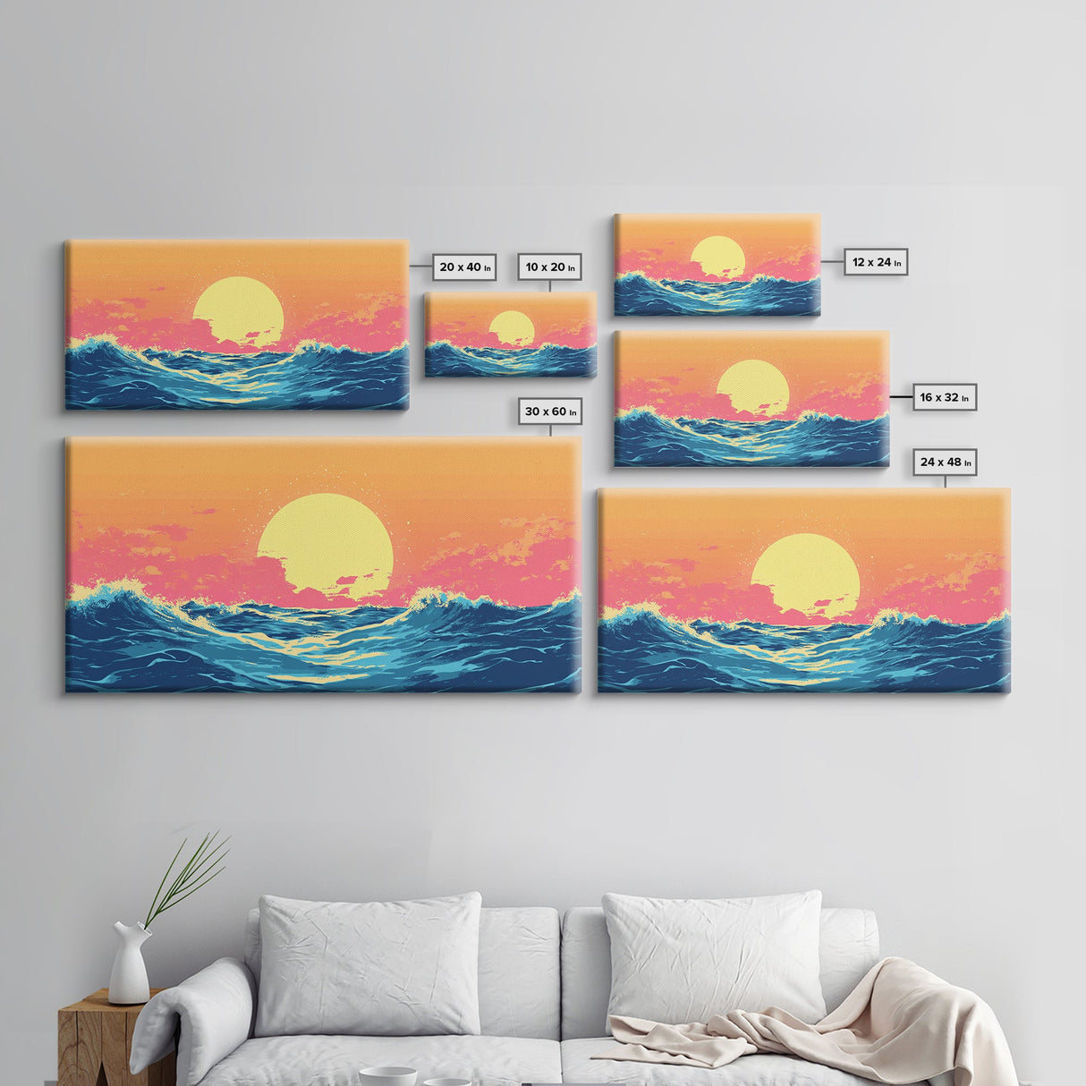 Vaporwave Sunset Over Ocean Waves Framed Canvas Print, Retro Vibes Wall Art