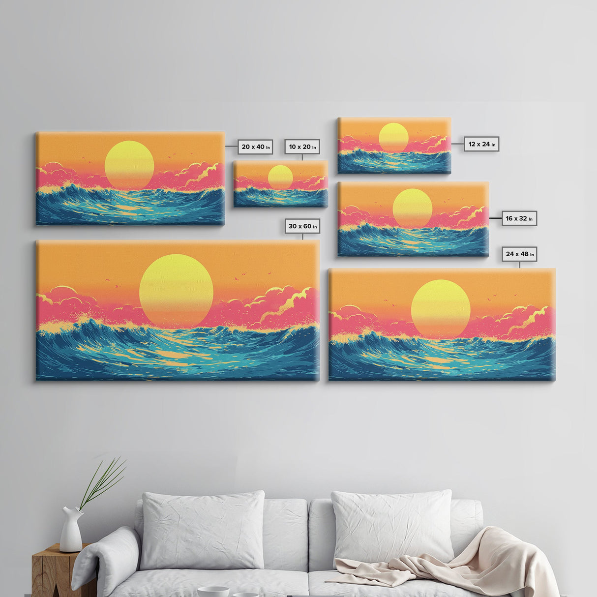 Retro Sunset Over The Ocean, Framed Canvas Print, Beautiful Synthwave Horizontal Wall Art
