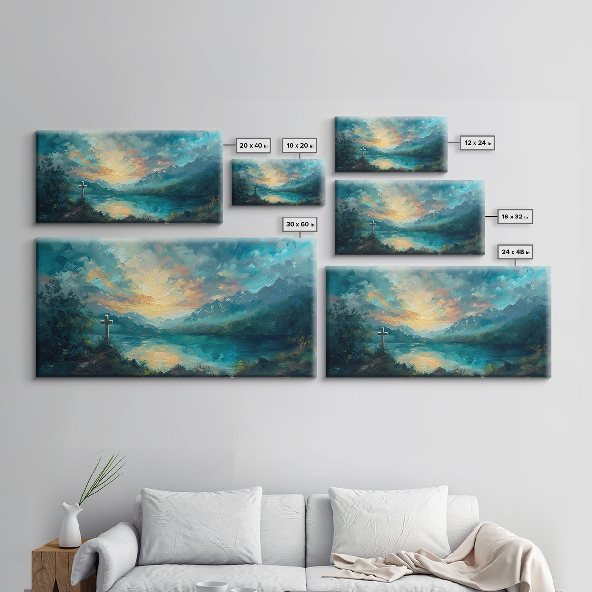 Painting Of a Cross And a Beautiful Landscape, Framed Canvas Print, Christian Wall Art