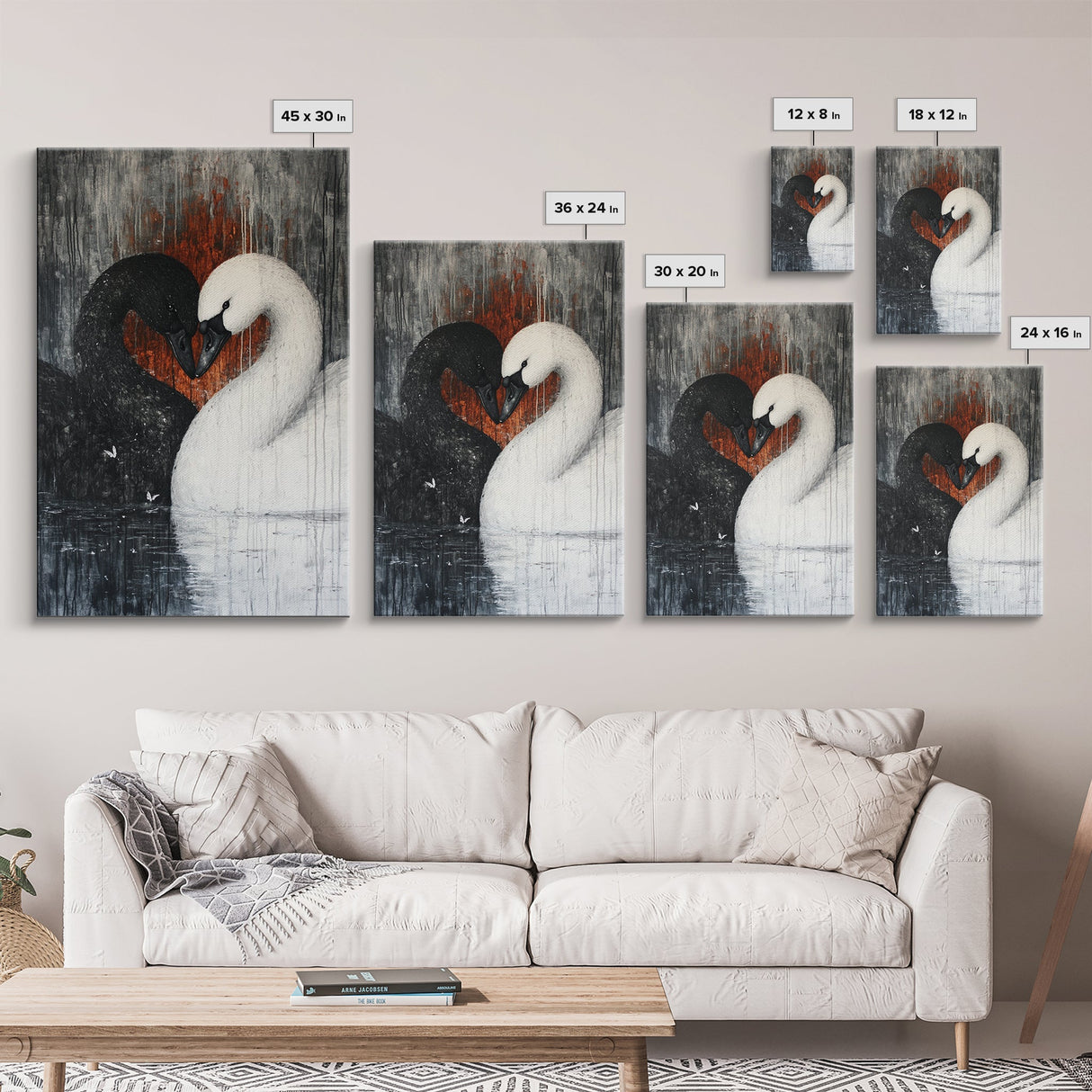 Two Swans in Love, Framed Canvas Print, Goth Decor, Wedding Gift Idea, Engagement Gift, Gift For Couples, Swan Painting, Swan Art