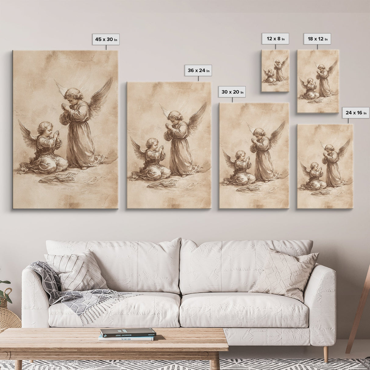 Guardian Angel Wall Art, Angel Painting, Canvas Print, Angel Decor, Angelic Wall Art, Cute Cherub Angel Sketch Art