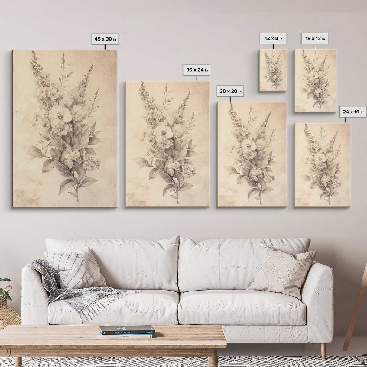Floral Canvas Print, Pencil Sketch of a Flower Bouquet, Wedding Decor, Wedding Gift Idea, Engagement Gift, Mother's Day Gift For Her