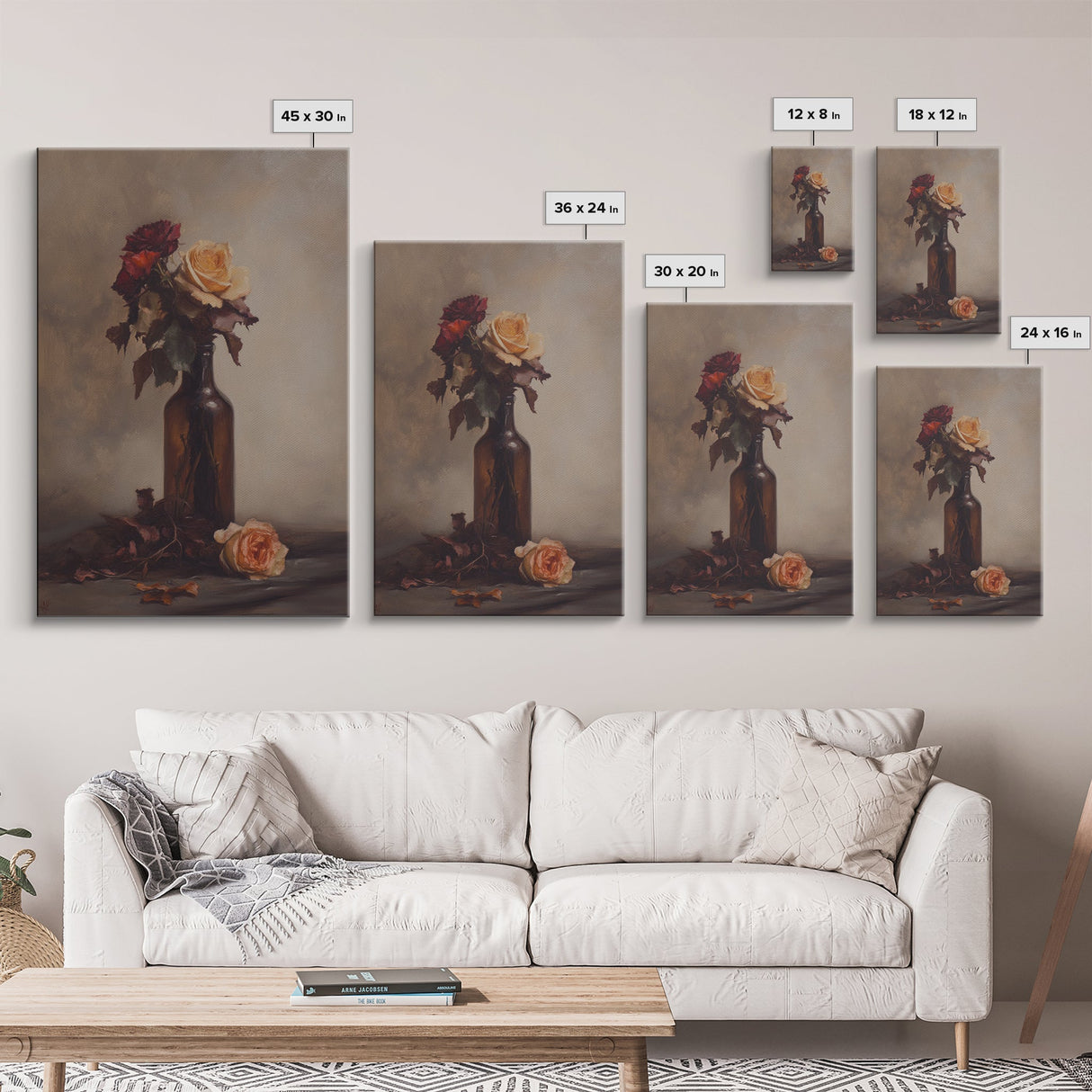 Roses in a Wine Bottle Oil Painting Print, Still Life of Roses, Rose Painting, Rose Art, Moody Decor, Subdued Art