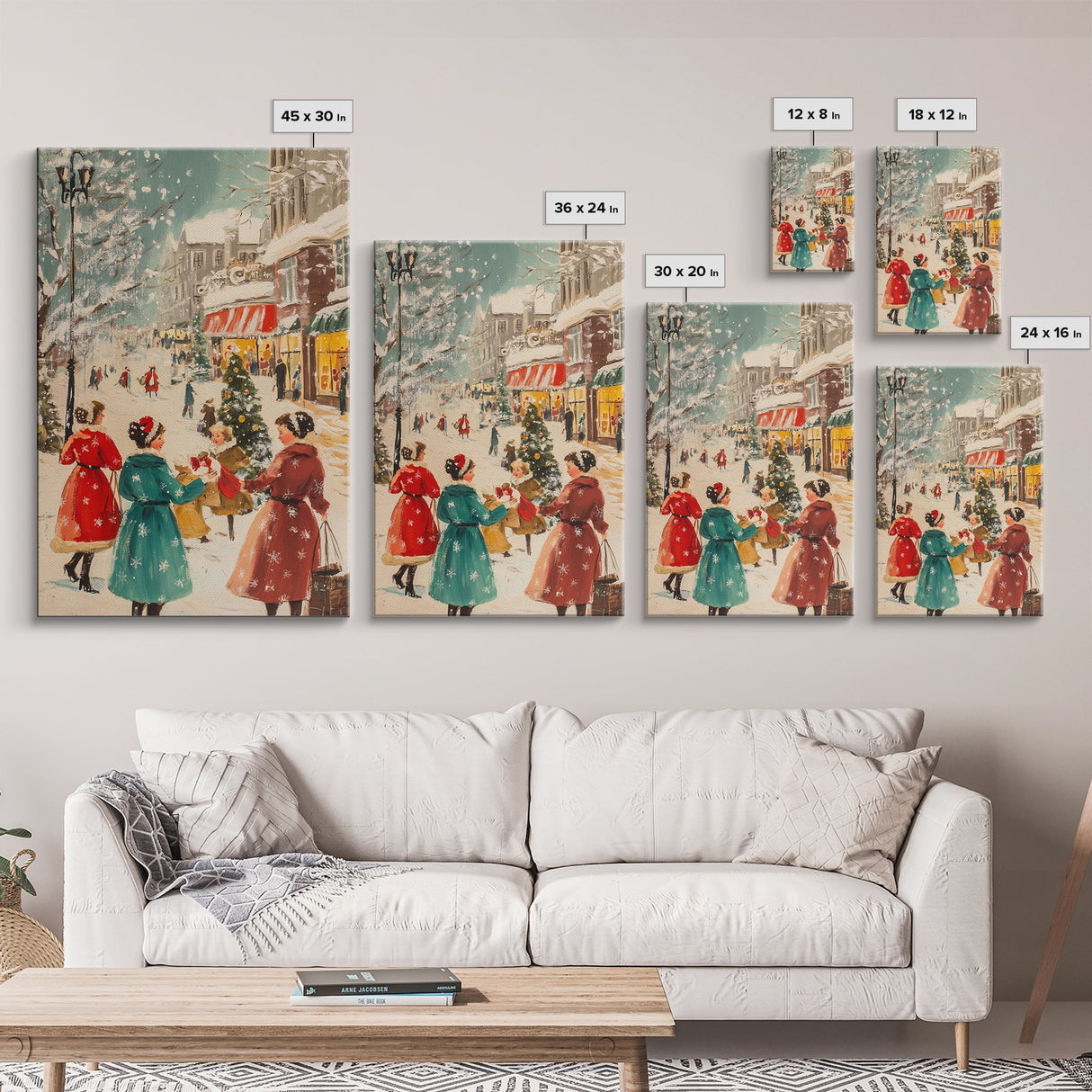 Winter Wall Art Christmas Canvas Print - 1950s Style Post Card Art - Christmas Decor - Christmas Shoppers In The Streets - Christmas Village Art