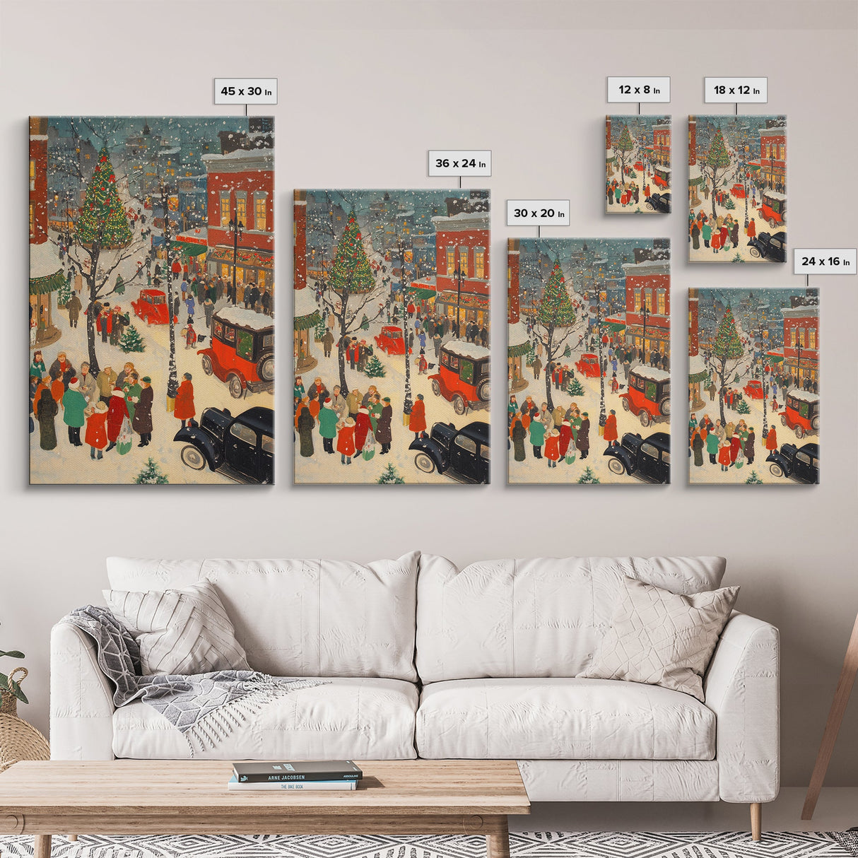 Christmas Village Home Decor - Framed Canvas Print - Retro Christmas Village Painting - Christmas Shoppers Painting - Retro Christmas Decor