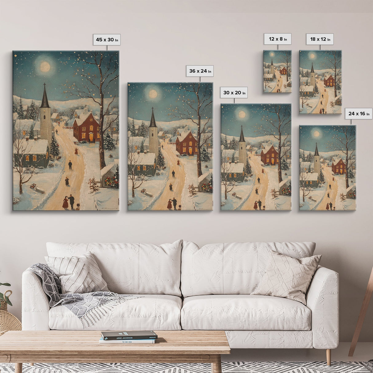 Full Moon on Christmas Even, Framed Canvas Print, Vintage Christmas Oil Painting Print, Christmas Village Wall Art, Christmas Sign, Christmas Art