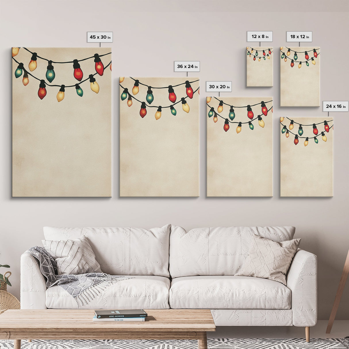 Drawing of Retro Christmas Lights Canvas Print - Framed Canvas - Minimalist Christmas Art - Boho Christmas Art - Rustic Christmas Art