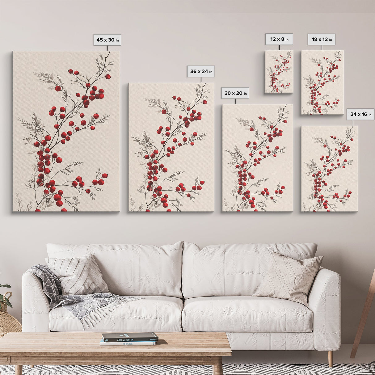 Holly Berries Canvas Print - Framed Canvas - Minimalist Christmas Art - Boho Christmas Art - Rustic Christmas Art