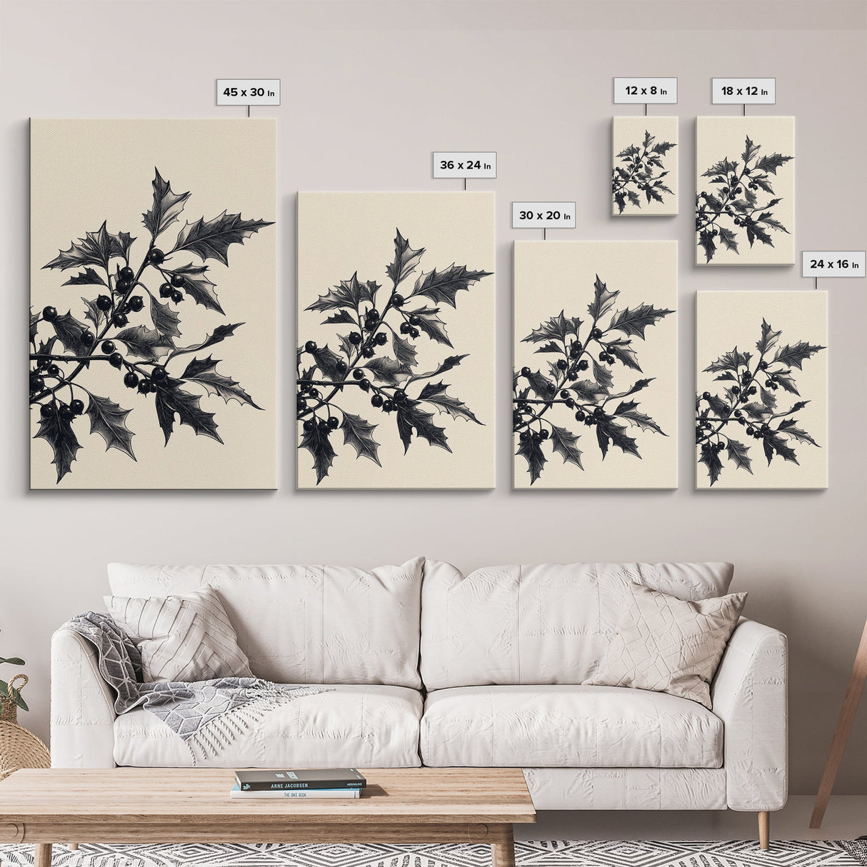 Vintage Holly Branch Canvas Print - Framed Canvas - Minimalist Christmas Art - Boho Christmas Art - Rustic Christmas Art