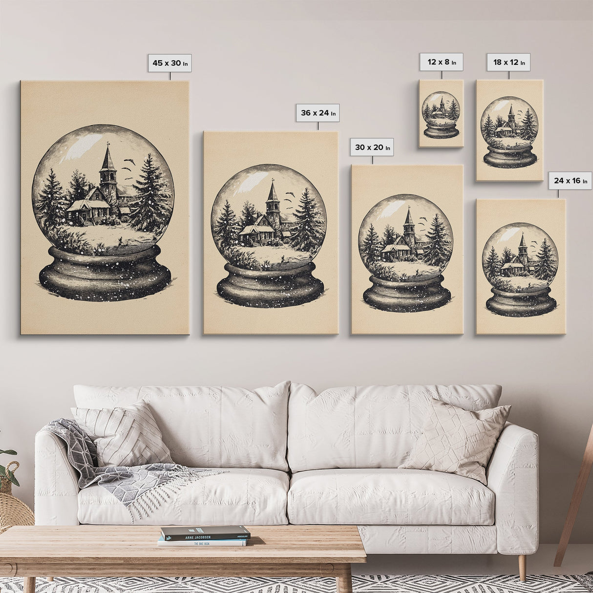 Retro Christmas Snowglobe Canvas Print - Framed Canvas - Minimalist Christmas Art - Boho Christmas Art - Rustic Christmas Art