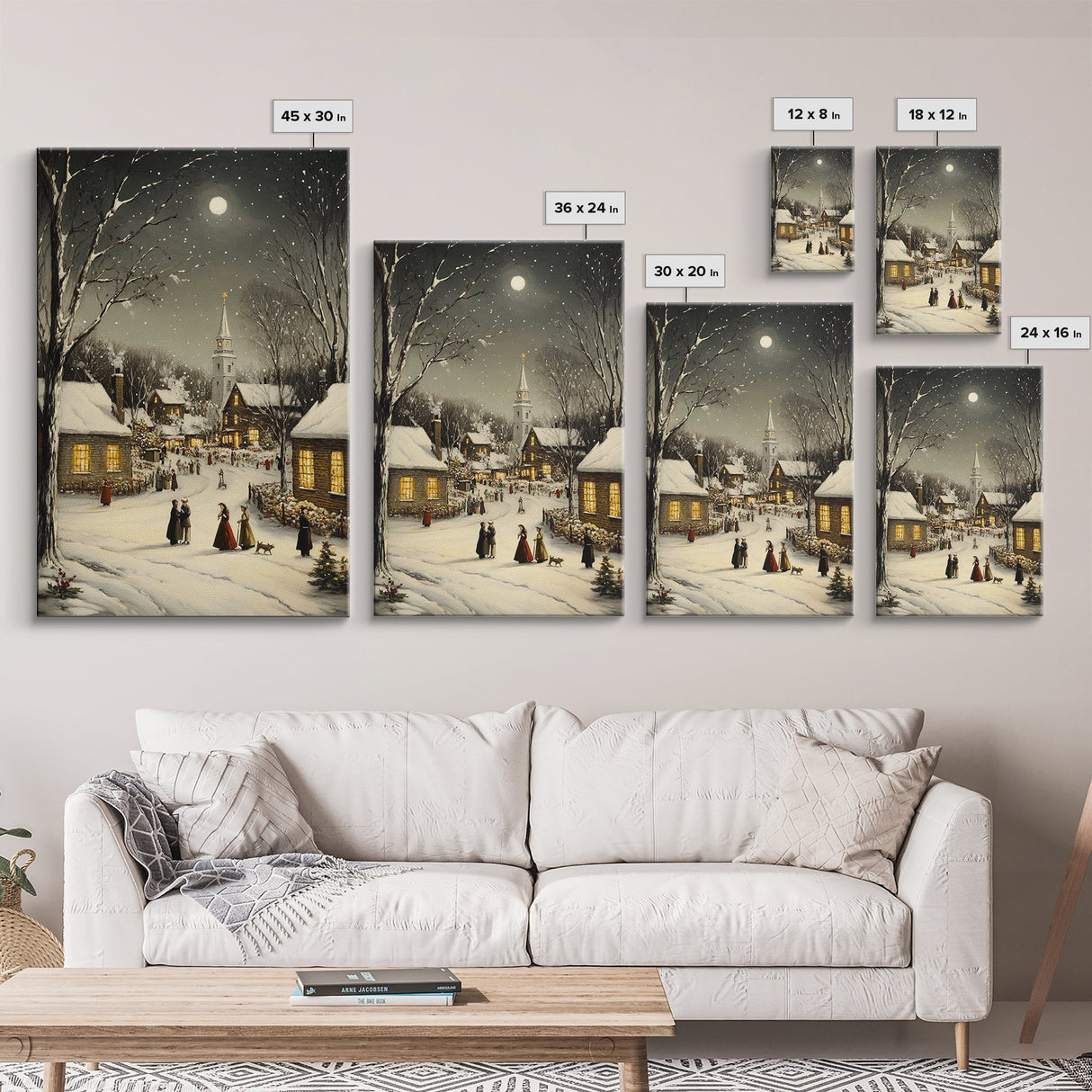 Huge Christmas Tree In The Town Square, Christmas Village Wall Art, Framed Canvas Print, Christmas Canvas Art