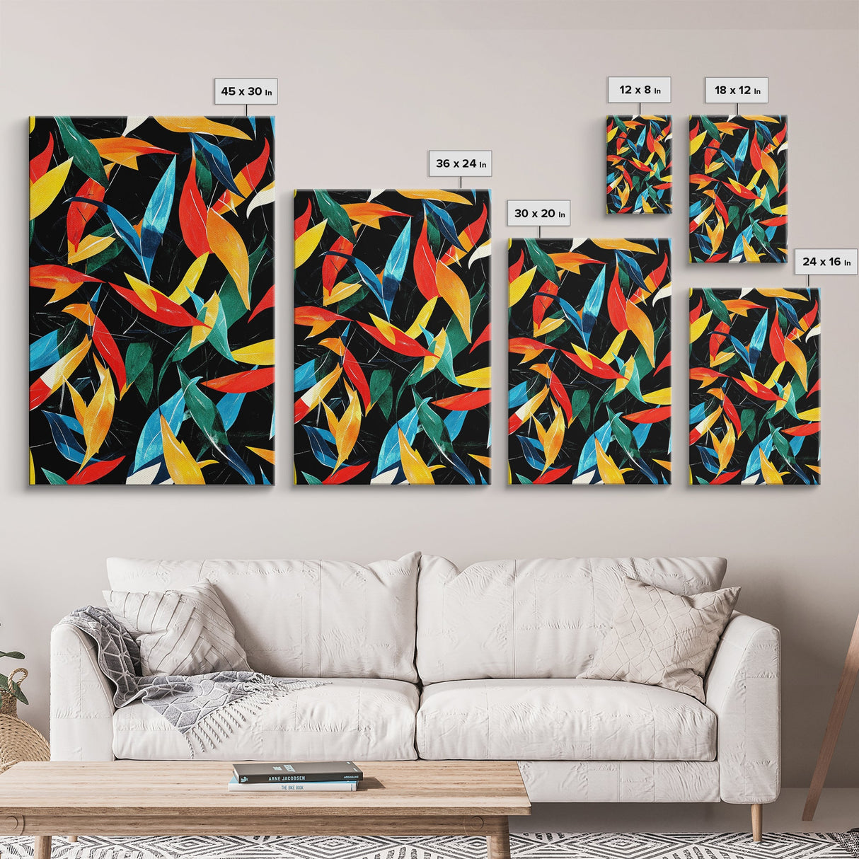 Fall Leaves Abstract Art Print, Wood Framed Art, Retro Mid-Century Modern Botanical Pattern Wall Art Print, 1950s Style Home Decor