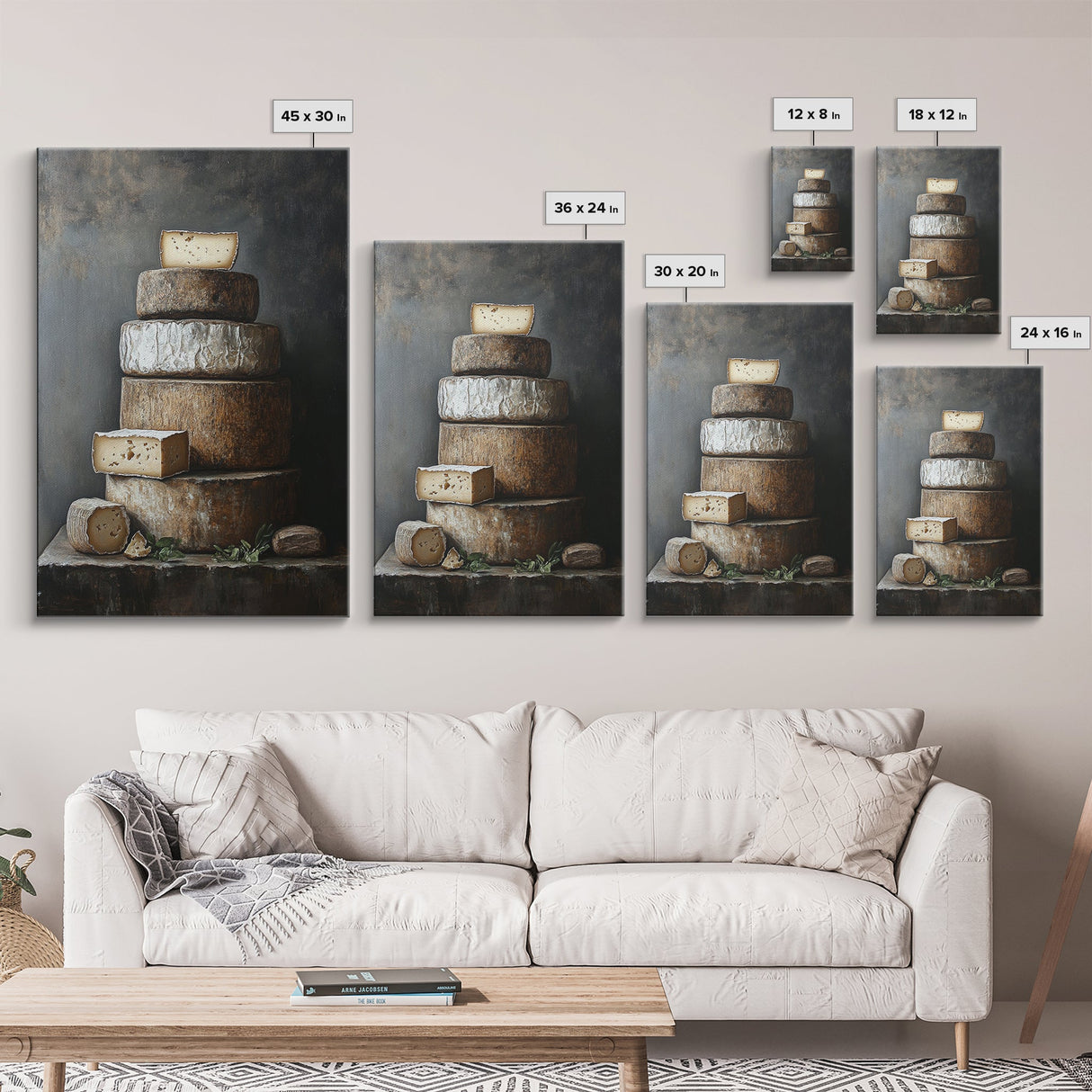 Cheese Wall Art Framed Canvas Print, Cheese Still Life, Cheese Painting, Kitchen Decor, Dining Room Wall Art, Rustic Farmhouse Kitchen Art