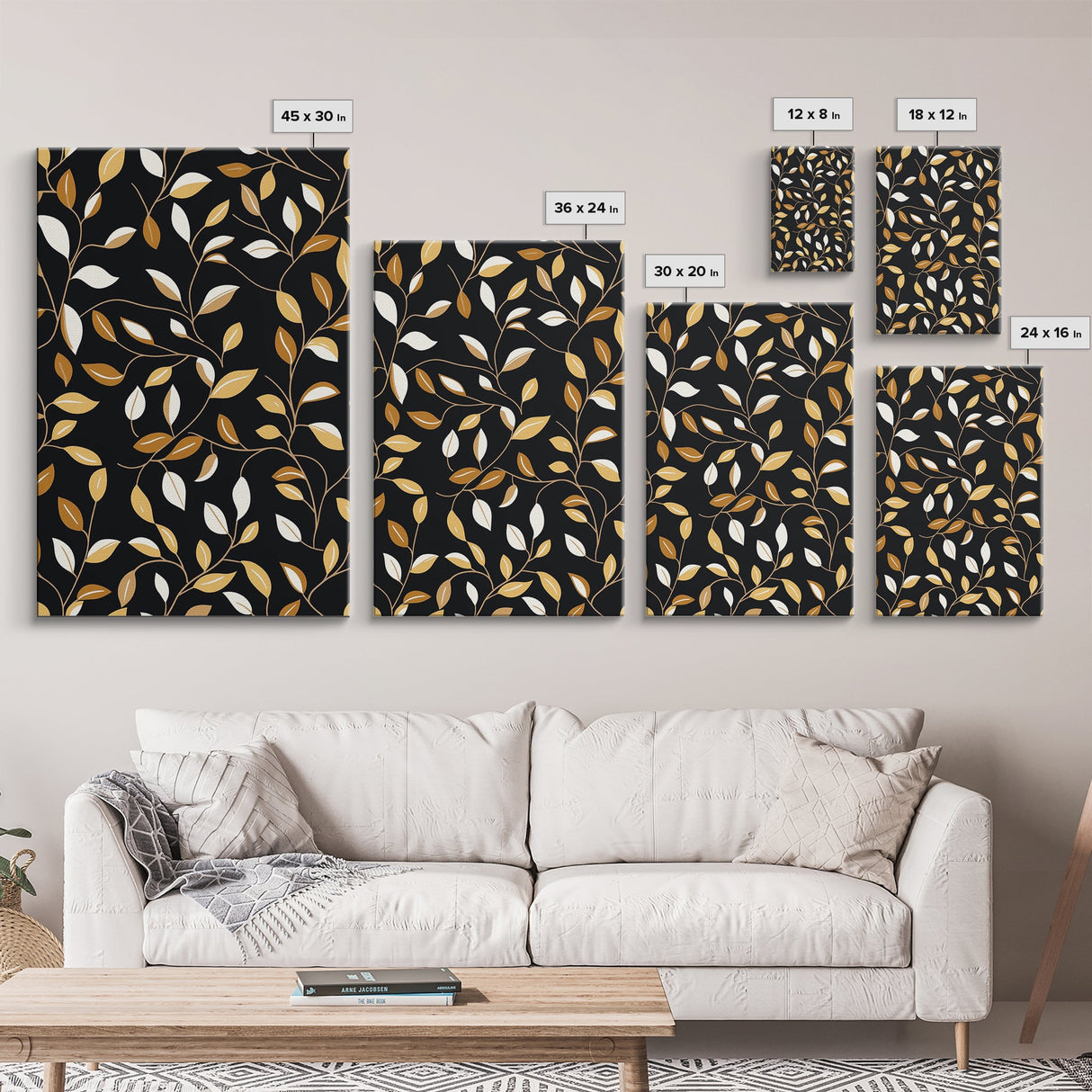 Ivy Leaves Framed Canvas Print, Mid Century Modern Pattern art, Botanical Print, Botanical Wall Art, Black Background