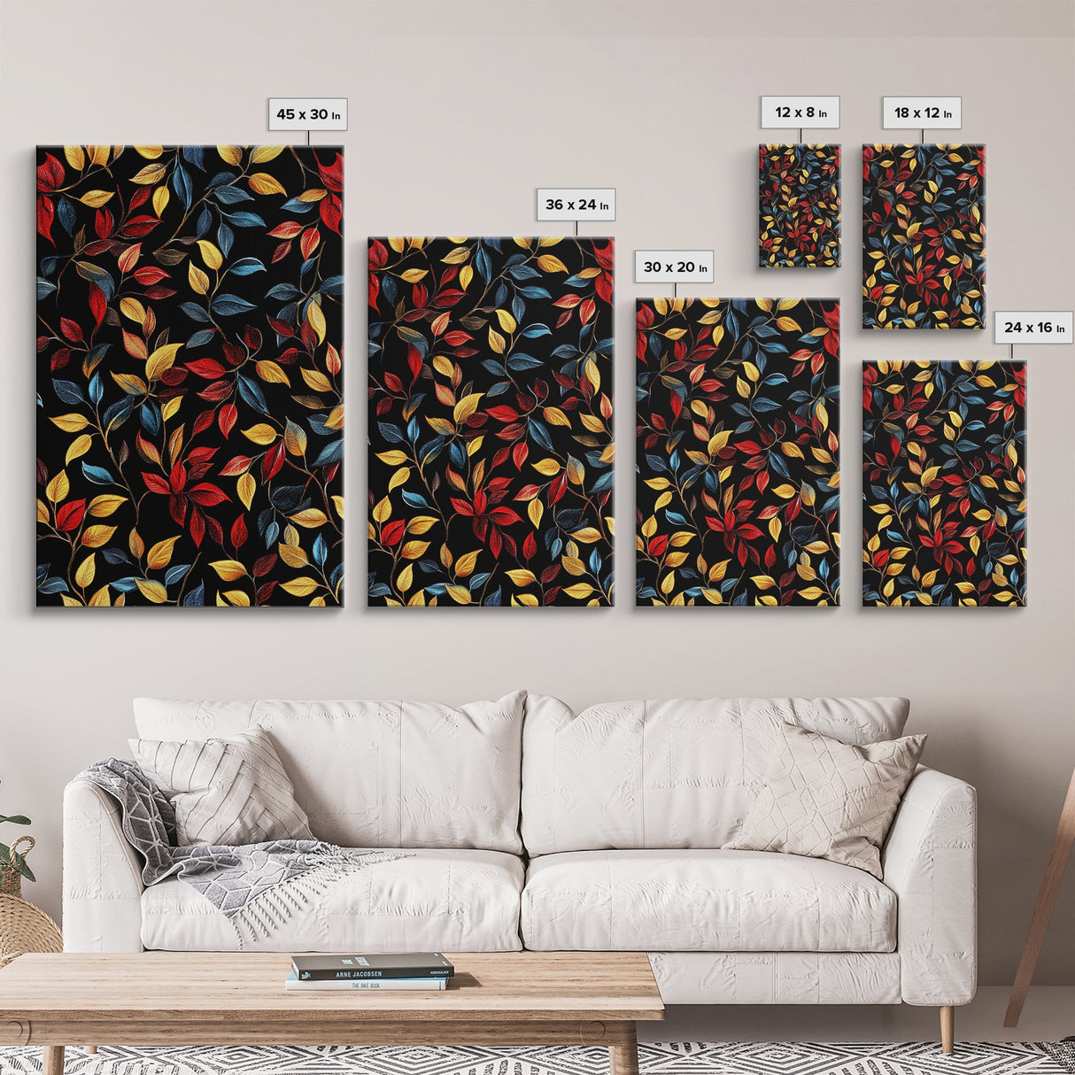 Botanical Fall Leaves Art Print On Canvas with Wood Frame, Black Background, Retro Style Home Decor