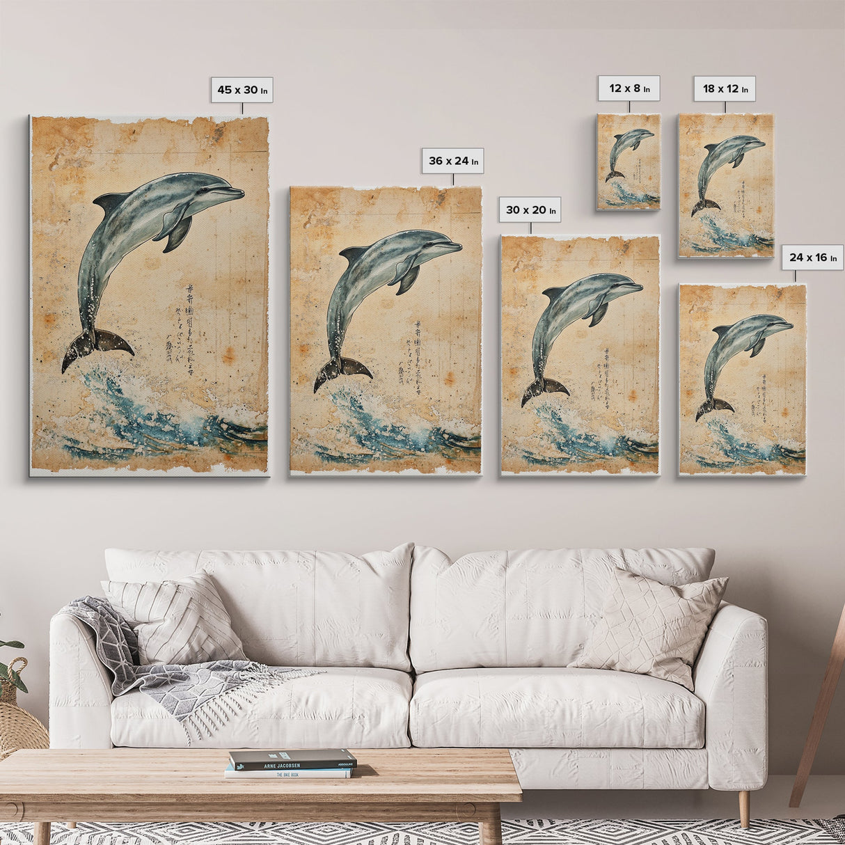 Wabi Sabi Dolphin Print, Framed Canvas Print, Dolphain Painting, Dolphin Print, Nautical Decor, Dolphin Art, Boho Style Minimalist Art