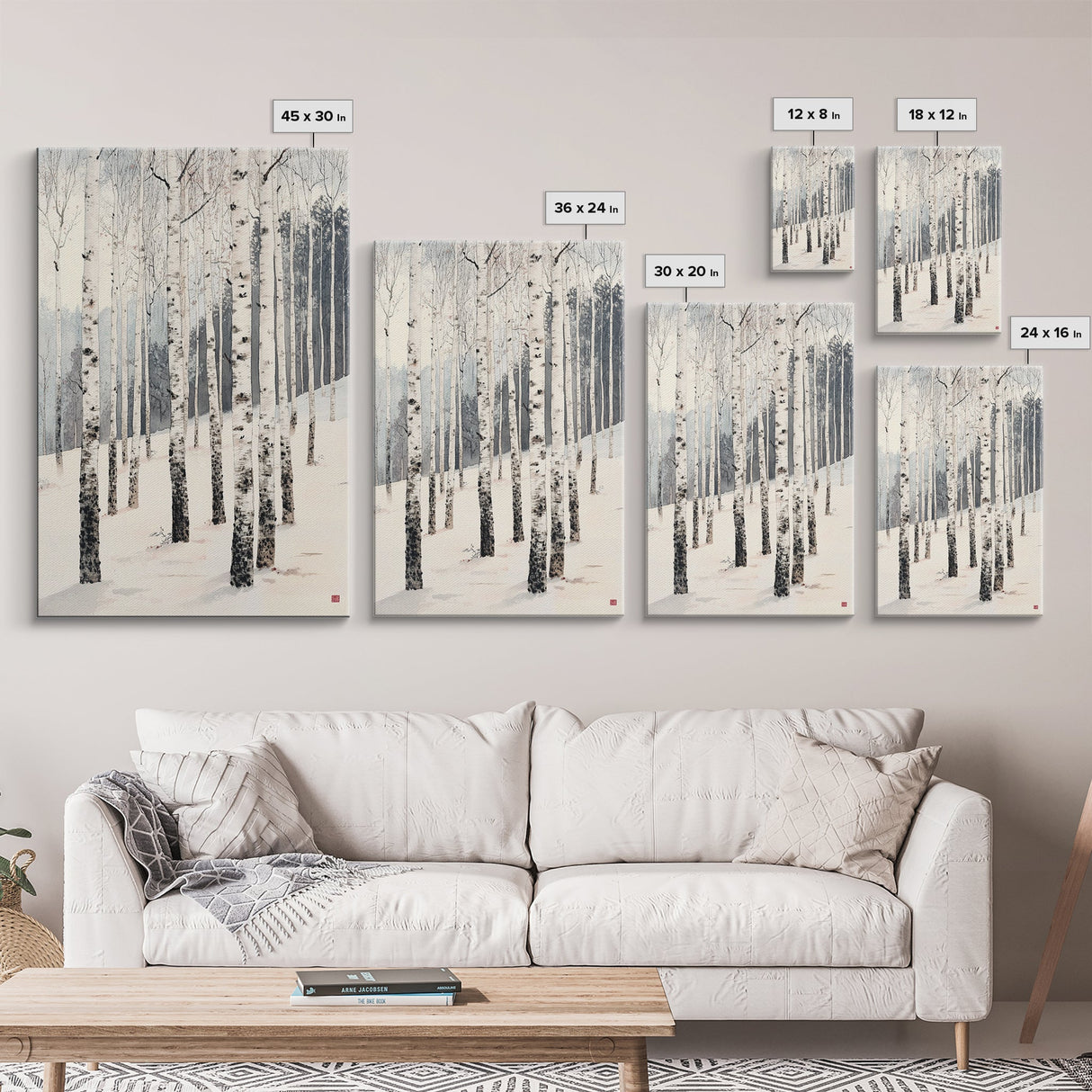 Winter Birch Tree Forest Framed Canvas Print, White Birch Trees In Winter Forest Landscape Art Print Minimalist Living Room Nature Wall Art