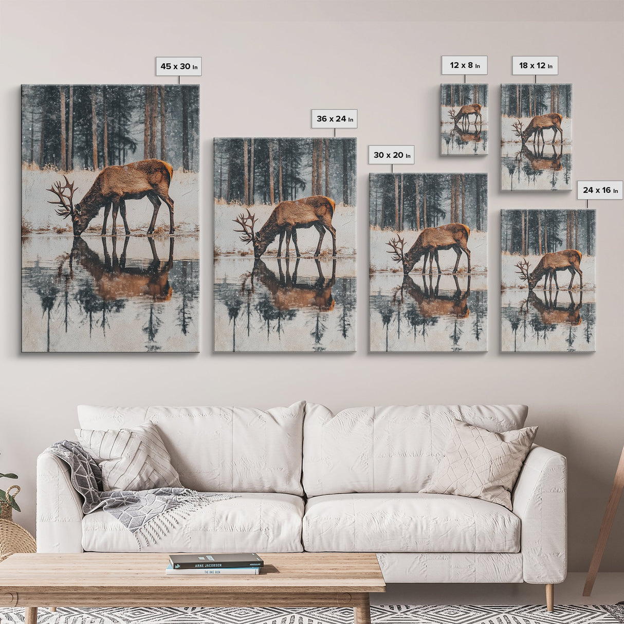 Elk Drinking Water Oil Painting Print, Framed Canvas, Deer Drinking Water In Forest Painting, Nature Decor, Cabin Wall Art, Winter Wall Art