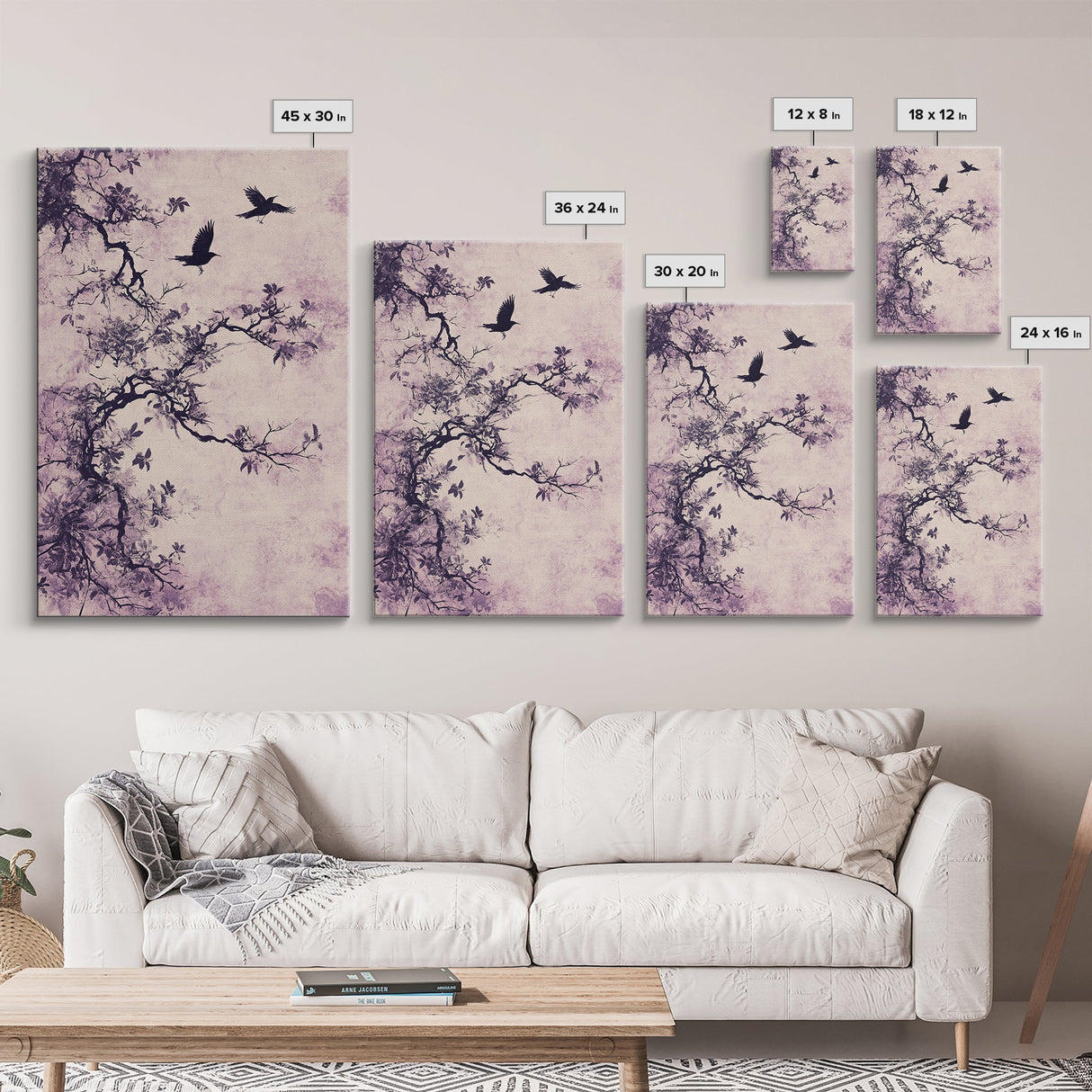 Wabi Sabi Floral Print Framed Canvas Art, Minimalist Home Decor, Purple trees with Crows, Purple Art, Boho Style Modern Art